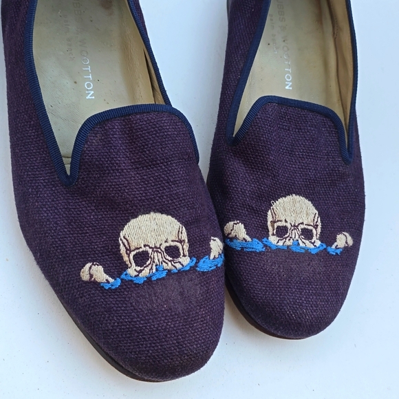 ☠️ STUBBS & WOOTTON Needlepoint Linen Skull x Bones Loafer Slippers Mens: 8.5 - Picture 2 of 6